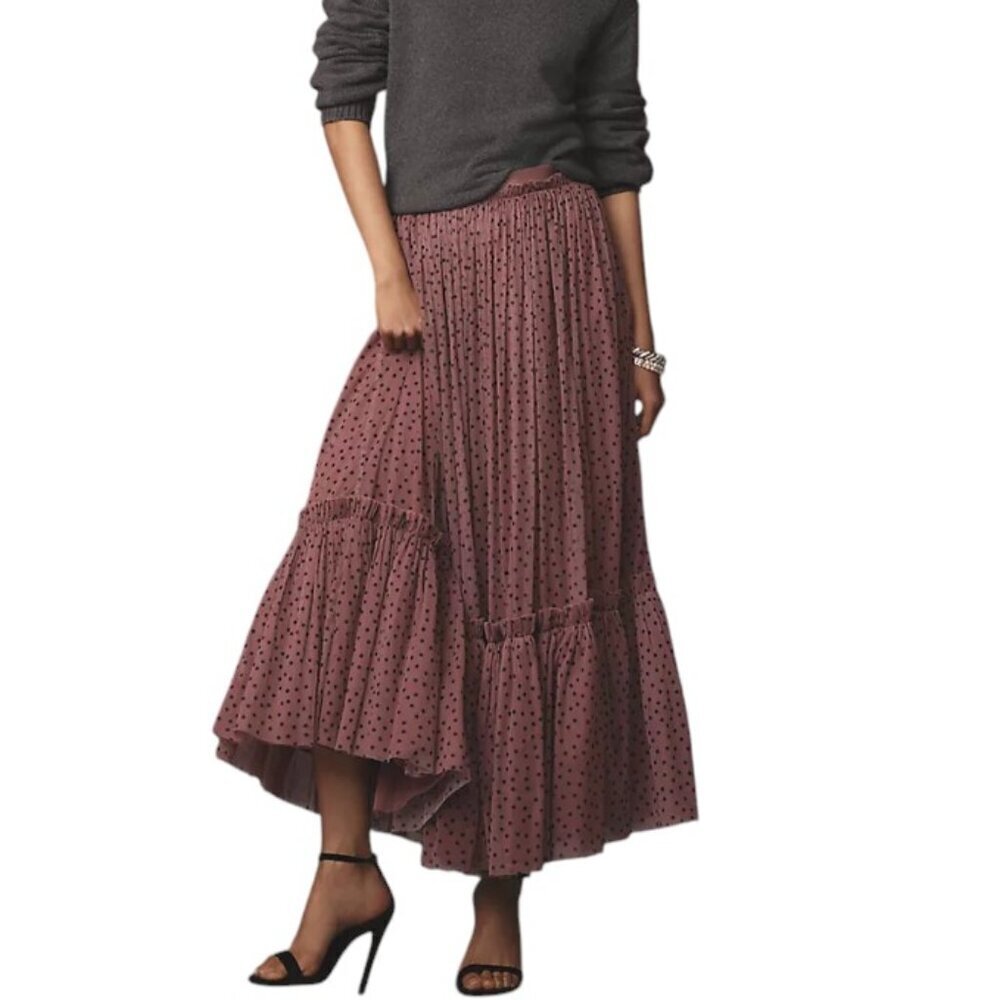 Anthropologie Maeve Tiered Tulle Maxi Skirt, Pull On, Poofy, Polka Dot, Small